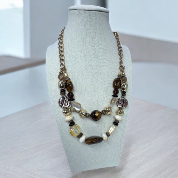 Gold Tone 2 Strands Mix Beads Necklace Glass, Mother of Pearl Brown & White - Picture 2 of 6